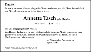 Traueranzeige von Anette Tasch von vrm-trauer Allgemeine Zeitung Alzey