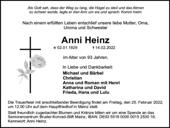 Traueranzeige von Anni Heinz von vrm-trauer AZ Mainz