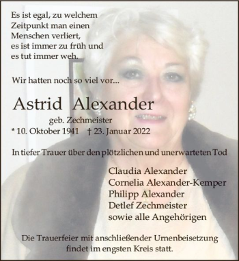 Traueranzeige von Astrid Alexander von vrm-trauer AZ Mainz