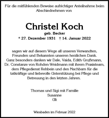 Traueranzeige von Christel Koch von vrm-trauer Wiesbadener Kurier