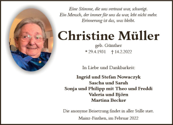 Traueranzeige von Christine Müller von vrm-trauer AZ Mainz