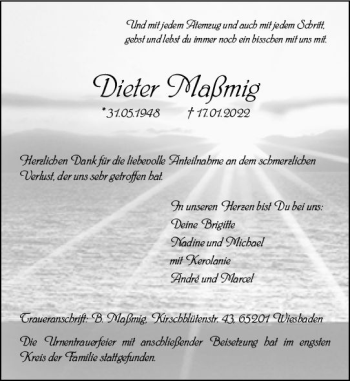 Traueranzeige von Dieter Maßmig von vrm-trauer Wiesbadener Kurier