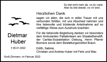 Traueranzeige von Dietmar Huber von vrm-trauer DieburgerAnzeiger/Groß-Zimmerner Lokala