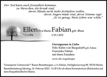 Traueranzeige von Ellen Eva Maria Fabian von vrm-trauer AZ Mainz