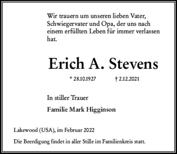 Traueranzeige von Erich A. Stevens von vrm-trauer Wiesbadener Kurier
