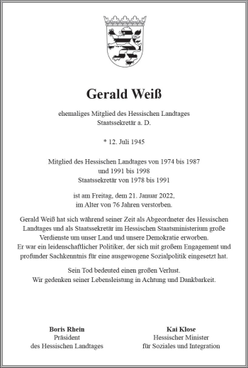 Traueranzeige von Gerald Weiß von vrm-trauer DieburgerAnzeiger/Groß-Zimmerner Lokala