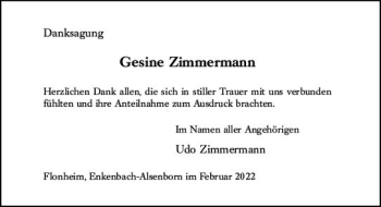 Traueranzeige von Gesine Zimmermann von vrm-trauer Allgemeine Zeitung Alzey