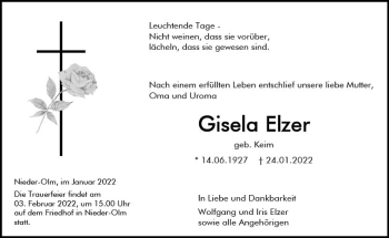 Traueranzeige von Gisela Elzer von vrm-trauer AZ Mainz
