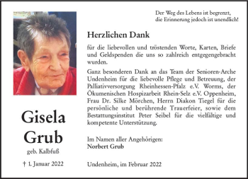 Traueranzeige von Gisela Grub von vrm-trauer AZ Mainz