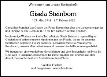 Traueranzeige von Gisela Steinborn von vrm-trauer Wiesbadener Kurier