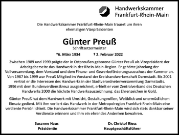 Traueranzeige von Günter Preuß von vrm-trauer Darmstädter Echo