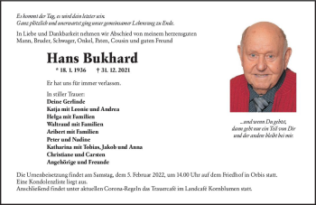 Traueranzeige von Hans Bukhard von vrm-trauer Allgemeine Zeitung Alzey