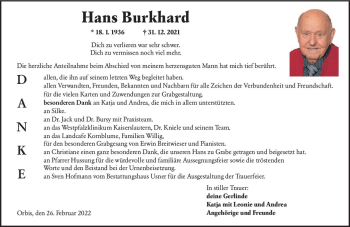 Traueranzeige von Hans Burkhard von vrm-trauer Allgemeine Zeitung Alzey