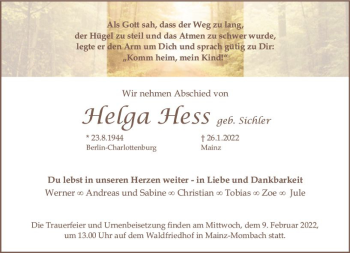 Traueranzeige von Helga Hess von vrm-trauer AZ Mainz