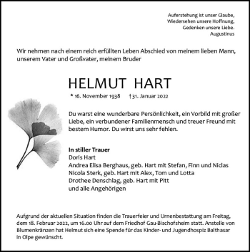 Traueranzeige von Helmut Hart von vrm-trauer Wormser Zeitung
