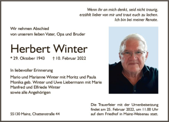 Traueranzeige von Herbert Winter von vrm-trauer AZ Mainz