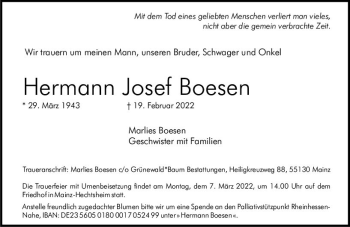 Traueranzeige von Hermann Josef Boesen von vrm-trauer AZ Mainz