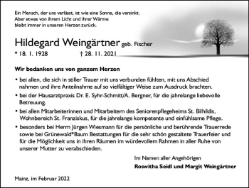 Traueranzeige von Hildegard Weingärtner von vrm-trauer AZ Mainz
