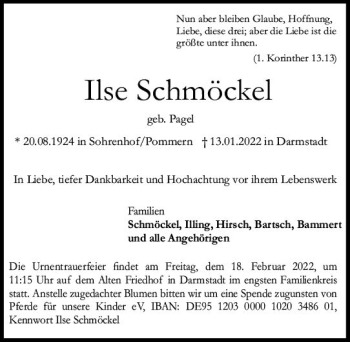 Traueranzeige von Ilse Schmöckel von vrm-trauer Darmstädter Echo