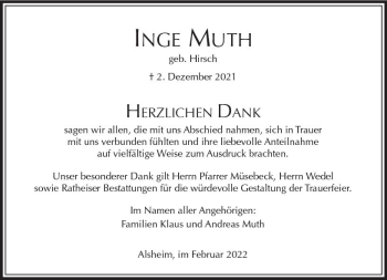 Traueranzeige von Inge Muth von vrm-trauer Wormser Zeitung