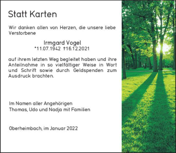 Traueranzeige von Irmgard Vogel von vrm-trauer Allgemeine  Zeitung Ingelheim-Bingen