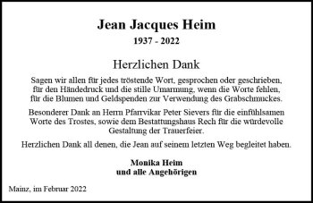 Traueranzeige von Jean Jacques Heim von vrm-trauer AZ Mainz