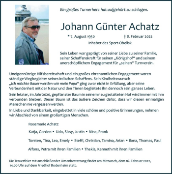 Traueranzeige von Johann Günter Achatz von vrm-trauer AZ Mainz