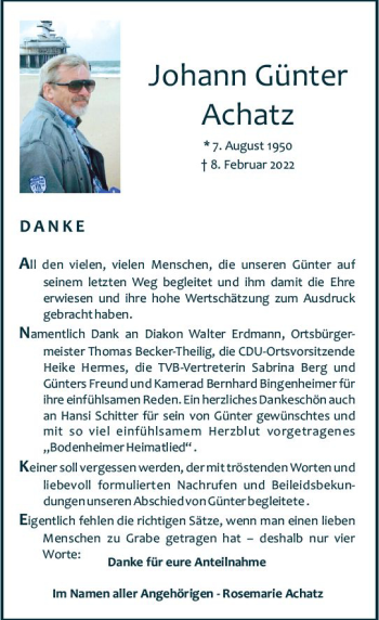 Traueranzeige von Johann Günter Achatz von vrm-trauer AZ Mainz