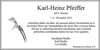 Traueranzeige von Karl-Heinz Pfeiffer von vrm-trauer Wiesbadener Kurier