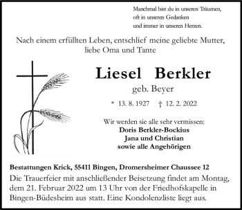 Traueranzeige von Liesel Berkler von vrm-trauer Allgemeine  Zeitung Ingelheim-Bingen