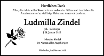 Traueranzeige von Ludmilla Zindel von vrm-trauer Wiesbadener Kurier