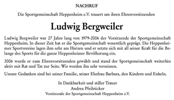 Traueranzeige von Ludwig Bergweiler von vrm-trauer Bürstädter/Lamperth. Ztg/Starkenburger