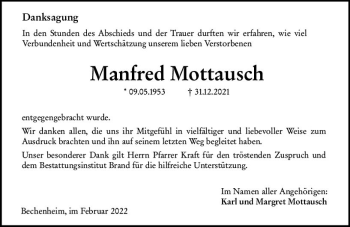 Traueranzeige von Manfred Mottausch von vrm-trauer Allgemeine Zeitung Alzey