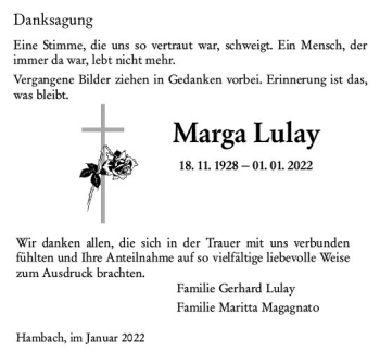 Traueranzeige von Marga Lulay von vrm-trauer Bürstädter/Lamperth. Ztg/Starkenburger