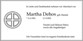 Traueranzeige von Martha Dehos von vrm-trauer AZ Mainz