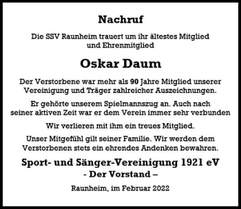 Traueranzeige von Oskar Daum von vrm-trauer Rüsselsheimer Echo / MainSpitze