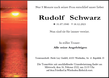 Traueranzeige von Rudolf Schwarz von vrm-trauer Wiesbadener Kurier
