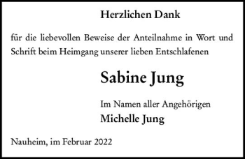 Traueranzeige von Sabine Jung von vrm-trauer Rüsselsheimer Echo / MainSpitze