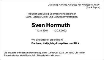 Traueranzeige von Sven Hormuth von vrm-trauer Rüsselsheimer Echo / MainSpitze