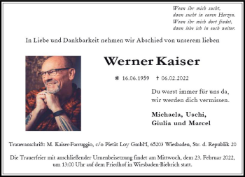 Traueranzeige von Werner Kaiser von vrm-trauer Wiesbadener Kurier