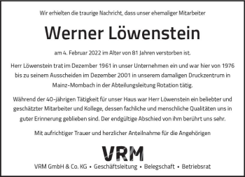 Traueranzeige von Werner Löwenstein von vrm-trauer AZ Mainz