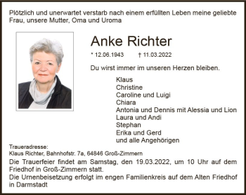 Traueranzeige von Anke Richter von vrm-trauer DieburgerAnzeiger/Groß-Zimmerner Lokala