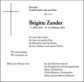 Traueranzeige von Brigitte Zander von vrm-trauer AZ Mainz