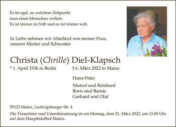 Traueranzeige von Christa Diel-Klapsch von vrm-trauer AZ Mainz