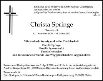 Traueranzeige von Christa Springe von vrm-trauer AZ Mainz