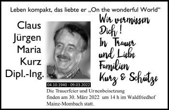 Traueranzeige von Claus Jürgen Maria Kurz von vrm-trauer AZ Mainz