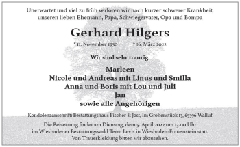 Traueranzeige von Gerhard Hilgers von vrm-trauer Wiesbadener Kurier