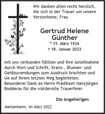Traueranzeige von Gertrud Helene Günther von vrm-trauer Wormser Zeitung