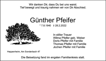 Traueranzeige von Günther Pfeifer von vrm-trauer Bürstädter/Lamperth. Ztg/Starkenburger