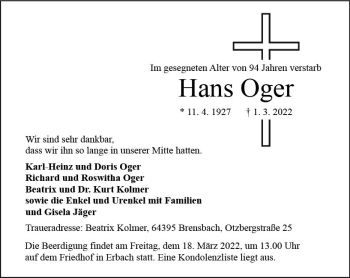 Traueranzeige von Hans Oger von vrm-trauer Odenwälder Echo